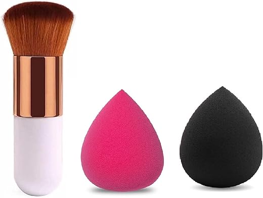 Aadav 1 Round Foundation Makeup Brush, 2 Pieces Makeup Sponge Blender (Mini Foundation Brush With 2Pcs Blender Puff)