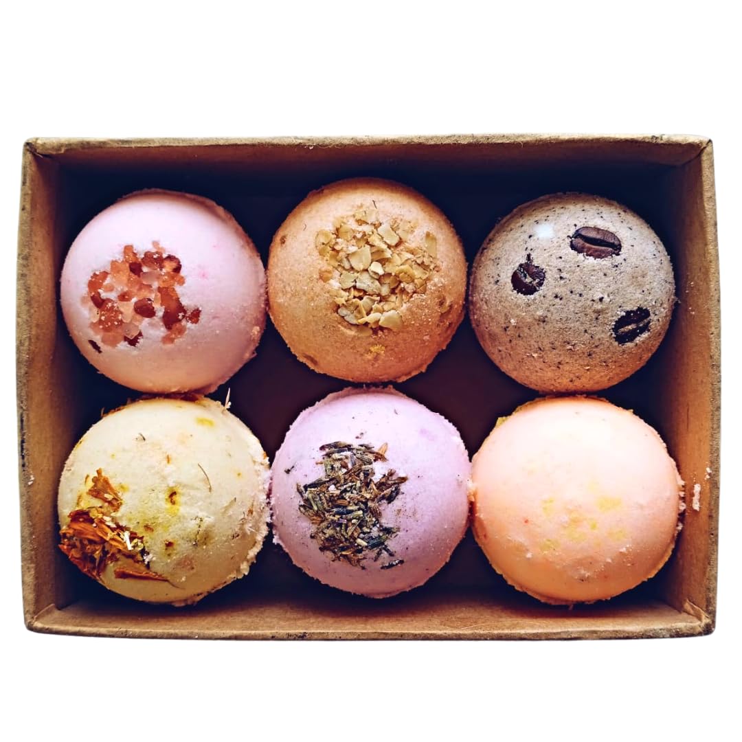 Aaranyam | Bath Bomb Gift Set for Women - Rose Petals, Coffee, Calendula, Oats, Pink Salt, Lavender | Hydrating Bliss for Relaxing Hot Water Baths (75 g Each), Pack of 6