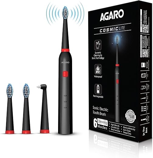 AGARO COSMIC Lite Sonic Electric Toothbrush for Adults with 6 Modes, 3 Brush Heads, 1 Interdental Head and Rechargeable with 3.5 Hours Charge Lasting up to 25 Days, Power Toothbrush, Black