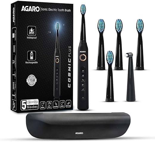 AGARO COSMIC PLUS Sonic Electric Tooth Brush For Adults With 5 Modes, 5 Brush Heads, 1 Interdental Head, Carry Case & Rechargeable With 4 Hours Charge Lasting Up To 25 Days, Power Toothbrush, (Black)