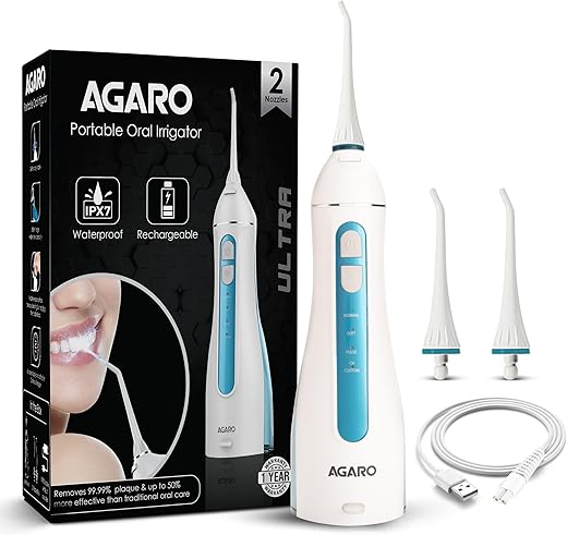 AGARO Ultra Dental Flosser for Teeth, Portable, Cordless & Rechargeable, 4 Cleaning Modes, IPX7 Waterproof with 200ml Detachable Water Tank, Flossing at Home & Travel, Oral Flosser, Oral Irrigator