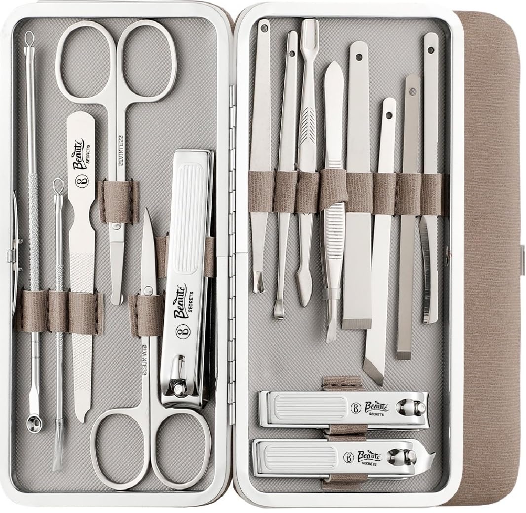 Beauté Secrets Essentials Manicure Set Nail Clippers Kit Manicure Pedicure Gift Set, 16Pcs Professional Stainless Steel Pedicure Care Tools Women Travel Grooming Kit with Case (Grey)