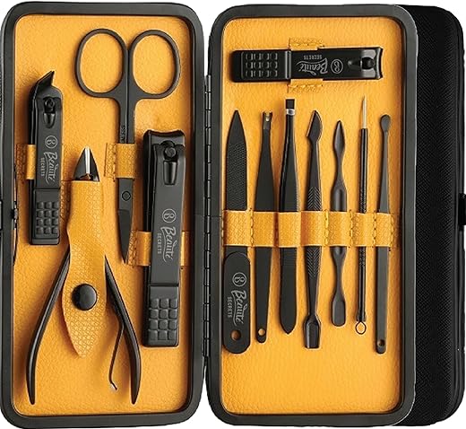 Beauté Secrets Essentials Manicure Set Nail Clippers, Stainless Steel Nail Scissors Grooming Kit, Acne needle, Blackhead Tool Leather Travel Case (Yellow)