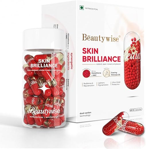 Beautywise Skin Brilliance Glutathione with NAC | Dual Action | Evening Primrose Oil, L-Lysine, Grape Seed & Vitamin C, E | For Skin Brightening and Glow | 60 Capsules (Pack of 1)