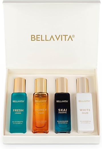 Bella Vita Luxury Unisex Eau De Parfum Gift Set 4 x 20ml for Men & Women with SKAI, FRESH, WHITEOUD, HONEY OUD Perfume|Long Lasting EDP Fragrance Scent