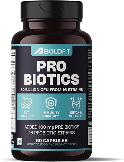 Boldfit Probiotics Gut Health Supplement 30 Billion CFU For Men & Women with 16 Strains & Prebiotics - Supports Digestion, Immunity Support, Detox & Cleanse - 60 Vegetarian Capsules, White