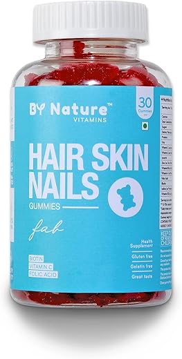 By Nature Hair Skin & Nails Vitamin Gummies - with Biotin, Folic Acid, Vitamin A, C, E, B6, B7, B9 & B12 for Hair Growth, Glowing Skin & Strong Nails (30-Day Pack)