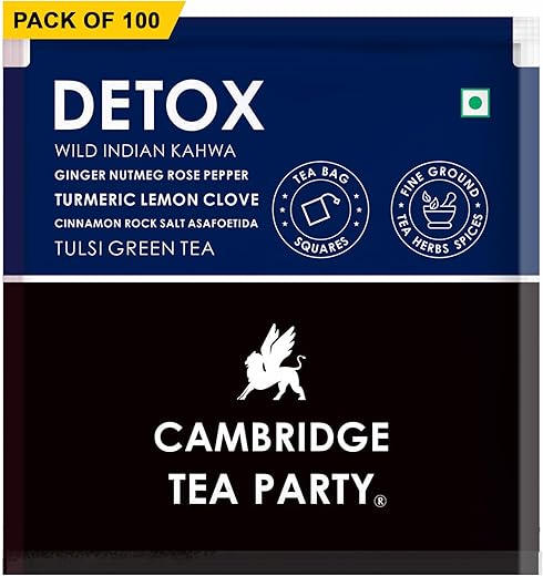 Cambridge Tea Party Detox 100 Tea Bags, Wild Indian Kahwa, Turmeric Ginger Rose Lemon Clove Rock Salt Tulsi Green Tea, Bulk Pack