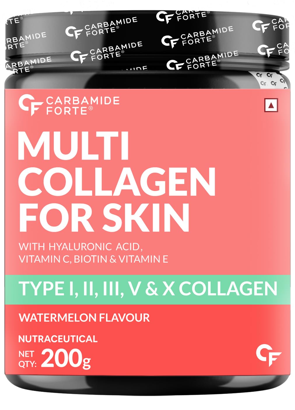 Carbamide Forte Hydrolyzed Multi Collagen Powder With Marine Collagen, All 5 Types of Collagen Peptides Included - TYPE I, II, III, V, X Collagen Supplements for Women & Men, Watermelon Flavor - 200g