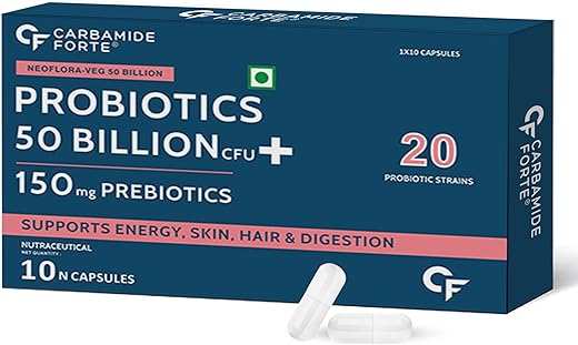 Carbamide Forte Probiotics Supplement 50 Billion CFU for Women & Men | Probiotics for Gut Health Supplements | Support Digestion & Immunity | Gut Health Probiotics – 10 Veg Capsules
