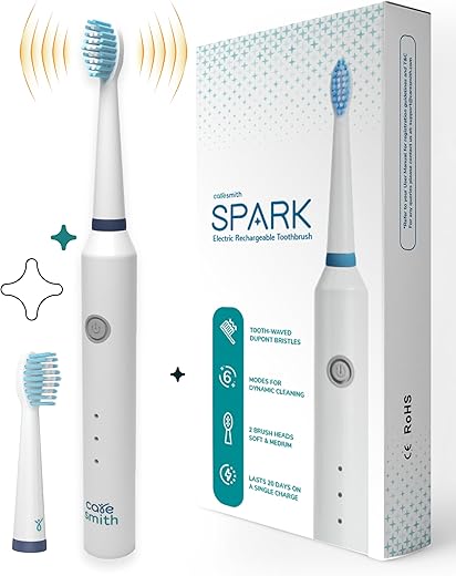 Caresmith Spark Rechargeable Electric Toothbrush | 6 Operating Modes | 40000 Vibrations per Minute | 2 Brush Heads (White)