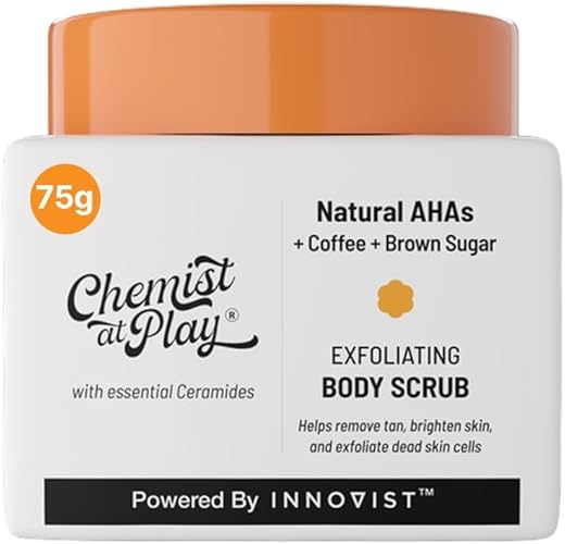 Chemist at Play Exfoliating Body Scrub For Removing Tan & Dead Skin Cells | Rough & Bumpy Skin, Tanned & Pigmented Skin | For Smooth, Soft & Bright Skin | Natural AHAs | Coffee | For Men & Women | 75g
