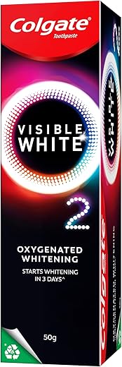Colgate Visible White O2, Teeth Whitening Toothpaste (50g) for noticeably whiter teeth starting in 3 days with Active Technology, Enamel Safe Teeth Whitening & Fresh Breath