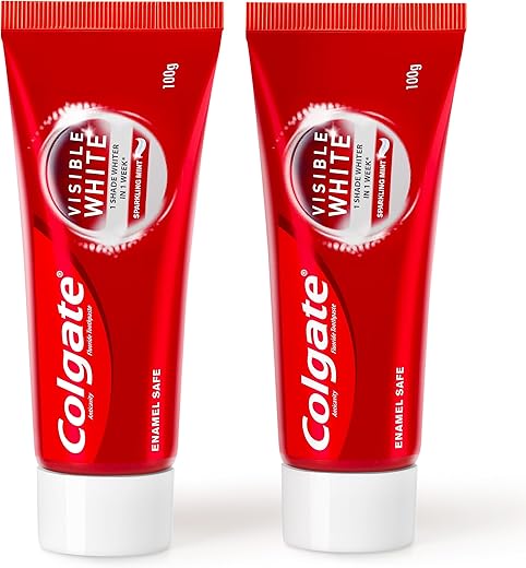 Colgate Visible White Toothpaste 200g (Combo Pack of 2 x 100g) Teeth Whitening Starts in 1 week, Safe on Enamel, Stain Removal Tooth Paste and Minty Flavour for Fresh Breath.