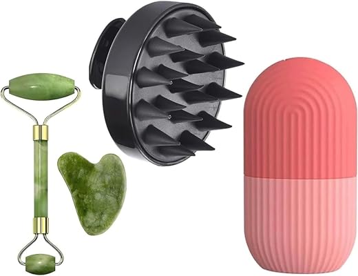 (COMBO PACK OF 3) Facial Massager Jade Roller & Gua Sha Tool Natural Himalayan Stone for Face Neck Healing Skin Wrinkles & Serum Application Hair Scalp & Ice Massager combo offer (MULTY COLOURED)