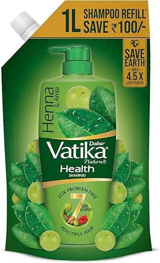 Dabur Vatika Health Shampoo - 1L (Refill Pouch) | With 7 natural ingredients | For Smooth, Shiny & Nourished Hair | Repairs Hair damage, Controls Frizz | For All Hair Types | Goodness of Henna & Amla