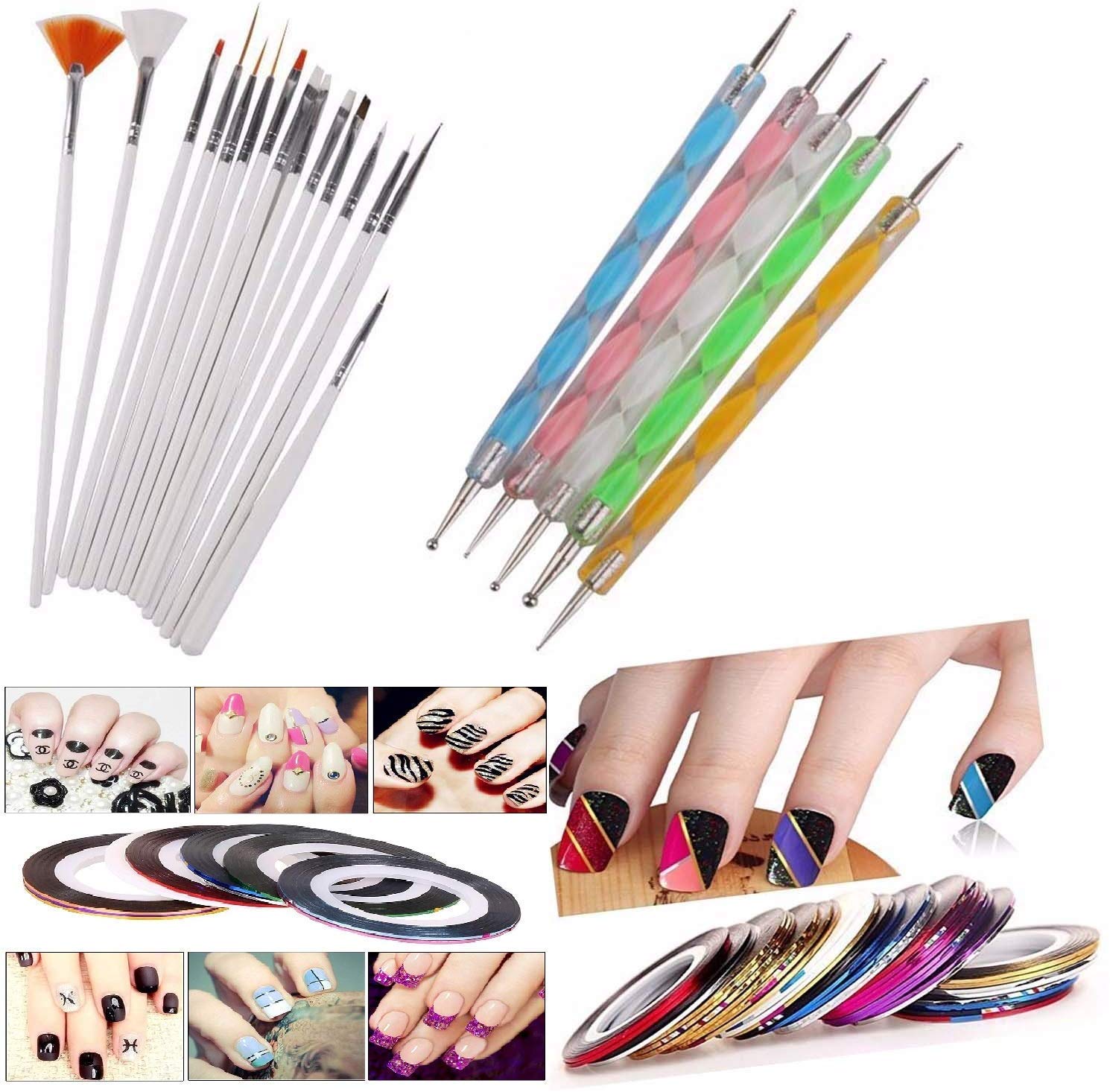 DALUCI Nail Art Kit - 3D Nail Art Pen & Brush Painting Polish Design Kit 15 Nail Brushes,5 Nail Dotting Pen,10 Adhesive Nail Striping Tape (30 Pcs)