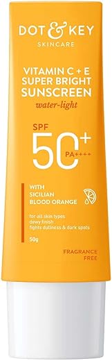 DOT & KEY Vitamin C + E Super Bright Sunscreen Spf 50|Water-Light,UVA/UVB & Blue Light Protection|For Even Toned & Glowing Skin|With Liquid Spf 50+++|No White Cast,|For All Skin Types|50G,Pack Of 1