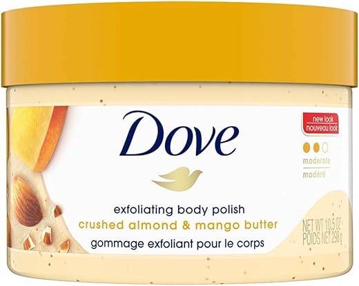 Dove Exfoliating Body Polish Scrub for Dry Skin with Crushed Almond and Mango Butter, Gently Exfoliates and Moisturizes to Reveal Instantly Soft, Smooth & Healthy Skin, Naturally Derived Ingredients, Sulfate-Free, Fruity Scent, 298g