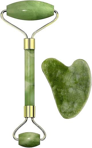 Facial Massager Jade Roller & Gua Sha Tool Natural Himalayan Stone for Face Neck Healing Skin Wrinkles & Serum Application (Jade Roller with Gua Sha)