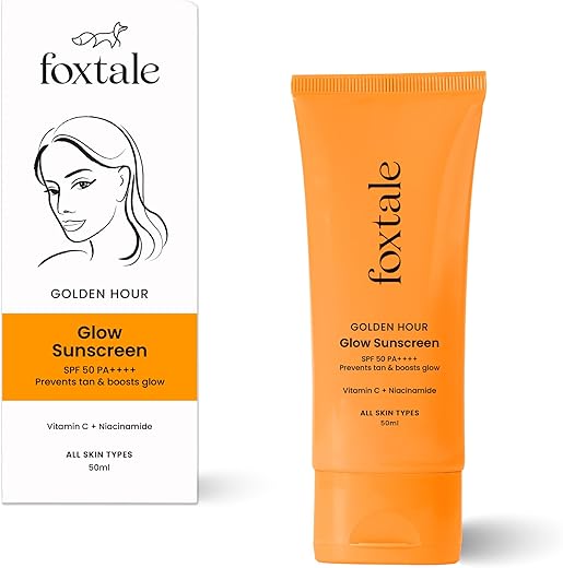 FoxTale Vitamin C & Niacinamide Glow Sunscreen Spf 50 Pa++++, Lightweight, Fast Absorbing, Uva And Uvb Filters, Prevents Tanning, No White Cast, Non-Greasy, For Men&Women, All Skin Types - 50 Ml