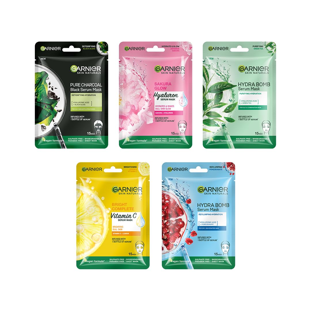 Garnier Skin Naturals, Face Serum Sheet Mask, Pack of 5 (Light Complete, Sakura, Blue, Green Tea, Charcoal)