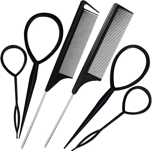 Hair Tail Tool & Rat Tail Comb 6Pcs Hair Loop Styling Tools Set with 2Pcs Metal Pin Heat Resistant Rat Tail Combs, 4Pcs Pony Tail Hair Tool, Hair Flip Tool for Hair Styling, Black