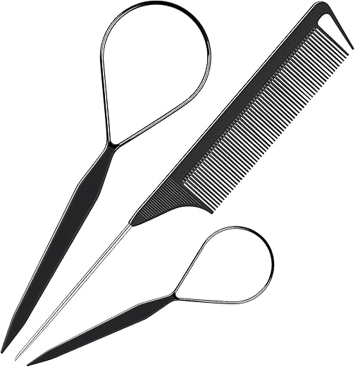 Hair Tail Tools, 3Pack Hair Loop Tool Set with 2Pcs French Braid Tool Loop 1Pcs Rat Tail Comb Metal Pin Tail Braiding Comb for Hair Styling, Black