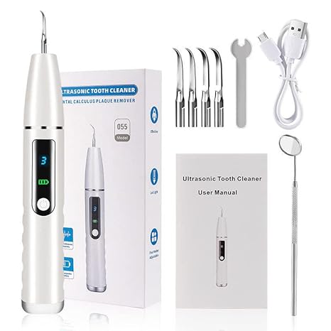 HANNEA® Teeth Whitening Kit Electric Tartar Remover with LED, Tartar Tooth Remover Cleaning Tool, 4 Replaceable Heads & 3 Modes Dental Care for Teeth Cleaning, White