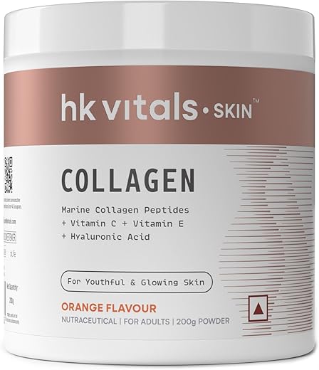 HealthKart hk vitals Marine Collagen Supplement (Orange, 200g) | Vitamin C, E, Sodium Hyaluronate | For Healthy Skin, Hair & Nails
