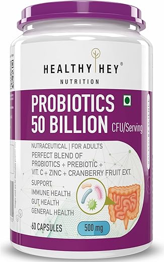 HealthyHey Nutrition Probiotics 50 Billion CFU Multi- Strains, 60 Veg. Capsules, Targeted Release Technology, Stomach Acid Resistant, No Need for Refrigeration, Non-GMO, Gluten-Free