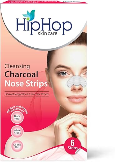 HipHop Skin Care Cleansing Charcoal Nose Strips (6 Strips), Blackheads, Whiteheads Remover, Pore Cleanser, with Natural Extracts, for Women, All Skin Types