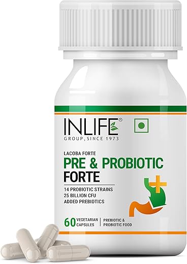 INLIFE Prebiotic and Probiotics Forte Supplement for Men & Women 25 billion CFU with 14 Strains | Digestion Gut & Immunity Health Supplement - 60 Vegetarian Capsules