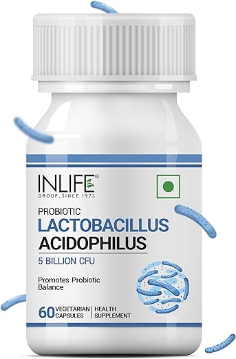 INLIFE Probiotic Lactobacillus Acidophilus 5 billion CFU | Gut Health Supplement for Men Women | Digestive Health, Immunity Booster | Promotes Probiotic Balance – 60 Veg Capsules (Pack of 1, 60)