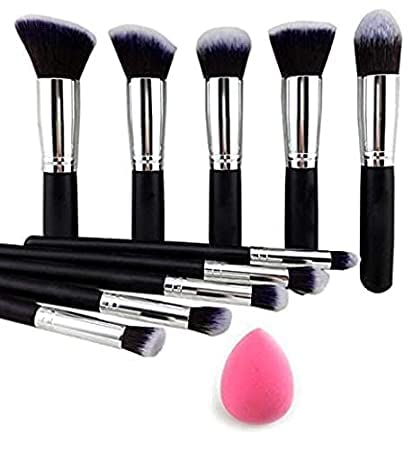 J & F Professional 10 Pc Makeup Brush Set With Beauty Blender Sponge Puff Makeup - Black