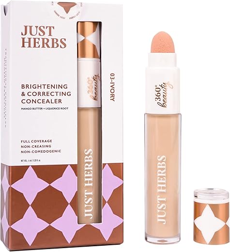 Just Herbs Concealer for Face Makeup With Liquorice Root Dewy Finish, Full Coverage Ultra Blendable Dark Circle Spot Brightening and Correcting Concealer 6ml (Ivory)