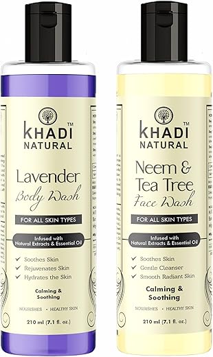 Khadi Natural Lavender Body Wash 210 ML and Neem Tree Tea Face Wash 210 ML - Organic Skincare Combo for Refreshing Cleansing (420 ML)