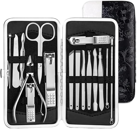 Komoko Professional Manicure & Pedicure Nail Clippers Kit | 16 in 1 Stainless Steel Nail Grooming Kit with Acne needle, Blackhead Tool, Scissors, Peeling & Nail Cleaning Knife With Leather Travel Case