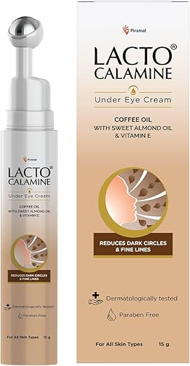 Lacto Calamine Under Eye Cream For Dark Circles for Women & Men | Fine Lines & Puffy Eyes With Cooling Massage Roller | 15g | With Coffee Oil, Multi-Peptides, Niacinamide, & Vitamin E