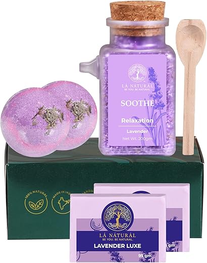 LA NATURAL Lavender Bath Set, 2 Piece Bath Soap, 1 Piece Bath Salt, 2 Piece Bath Bombs | Relaxing Bath Set | Natural and Cleansing Set | Men and Women | SLS, SLES and Paraben free