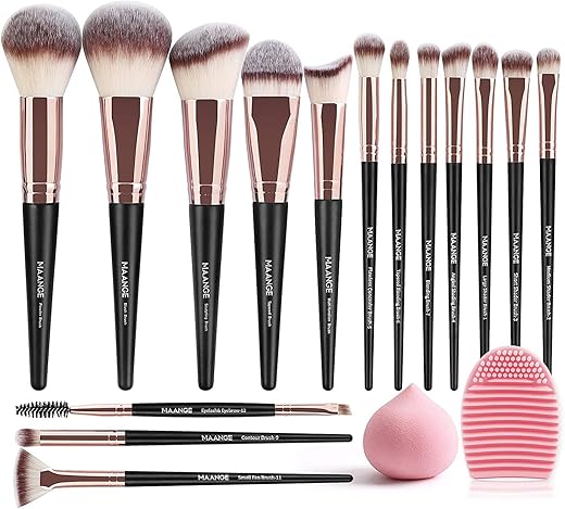 MAANGE Professional Makeup Brushes 15 Pcs Synthetic Makeup Brushes Set with 1 Makeup Sponge & 1 Brush Cleaner (Black Gold)