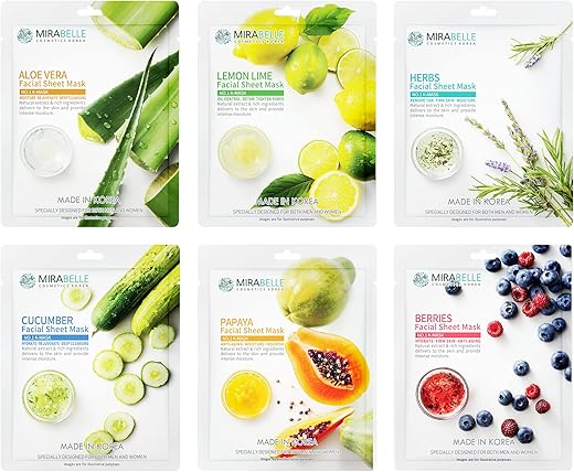 MIRABELLE COSMETICS KOREA Fairness Facial Mask (Aloe Vera, Berries, Cucumber, Herbs, Lemon, Papaya) -Combo Pack of 6