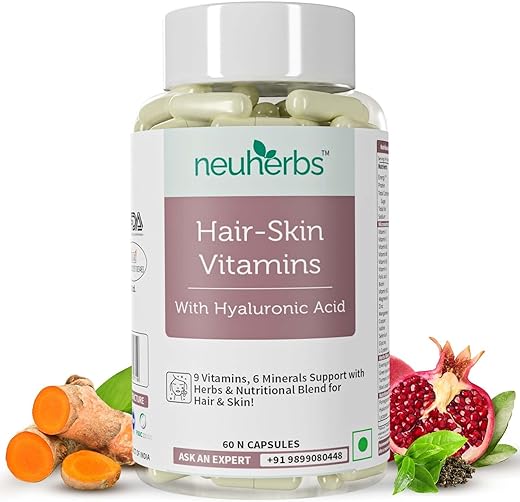 Neuherbs Hair Skin Vitamins Supplement with Hyaluronic Acid, Biotin, Keratin booster for hair growth, Turmeric, Primrose Oil & Collagen Supporter- 60 Capsules for Men and Women