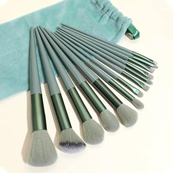 NFI essentials Professional Synthetic Soft Bristle Makeup Brush Set of 13 For Face & Eye Cosmetic Accessories Brushes Kit For Eyeshadow, Powder, Lip, Eyebrow (Green)