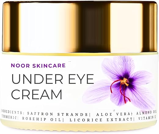 Noor Skincare Under Eye Cream for Dark Circles Removal Women/Men Gel based, Organic, Natural, Rich, Anti-Puffy, Wrinkle Care & Glow Enhancer with Saffron, Almond, Turmeric, Aloe