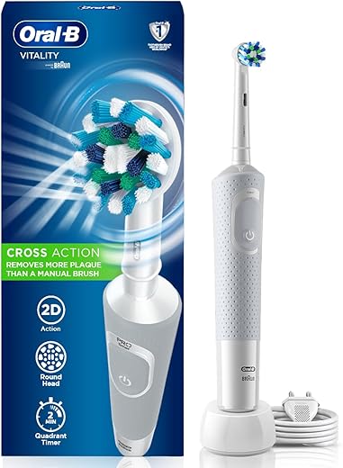 Oral B Vitality Rechargeable Rotating Electric Toothbrush for Adults, 2 Brushing Modes (Daily & Sensitive), 2 Min Timer with Quadpacer, 2 Year Warranty, IPX7 Water Resistant, Round Brush Head, (White, 1)