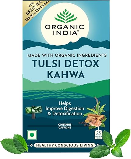 ORGANIC INDIA Tulsi Ginger Detox Kahwa 25 Ib || Cleanse & Cold Relief || Improve Digestion & Detoxification || Tulsi Tea - 25 Tea Bags