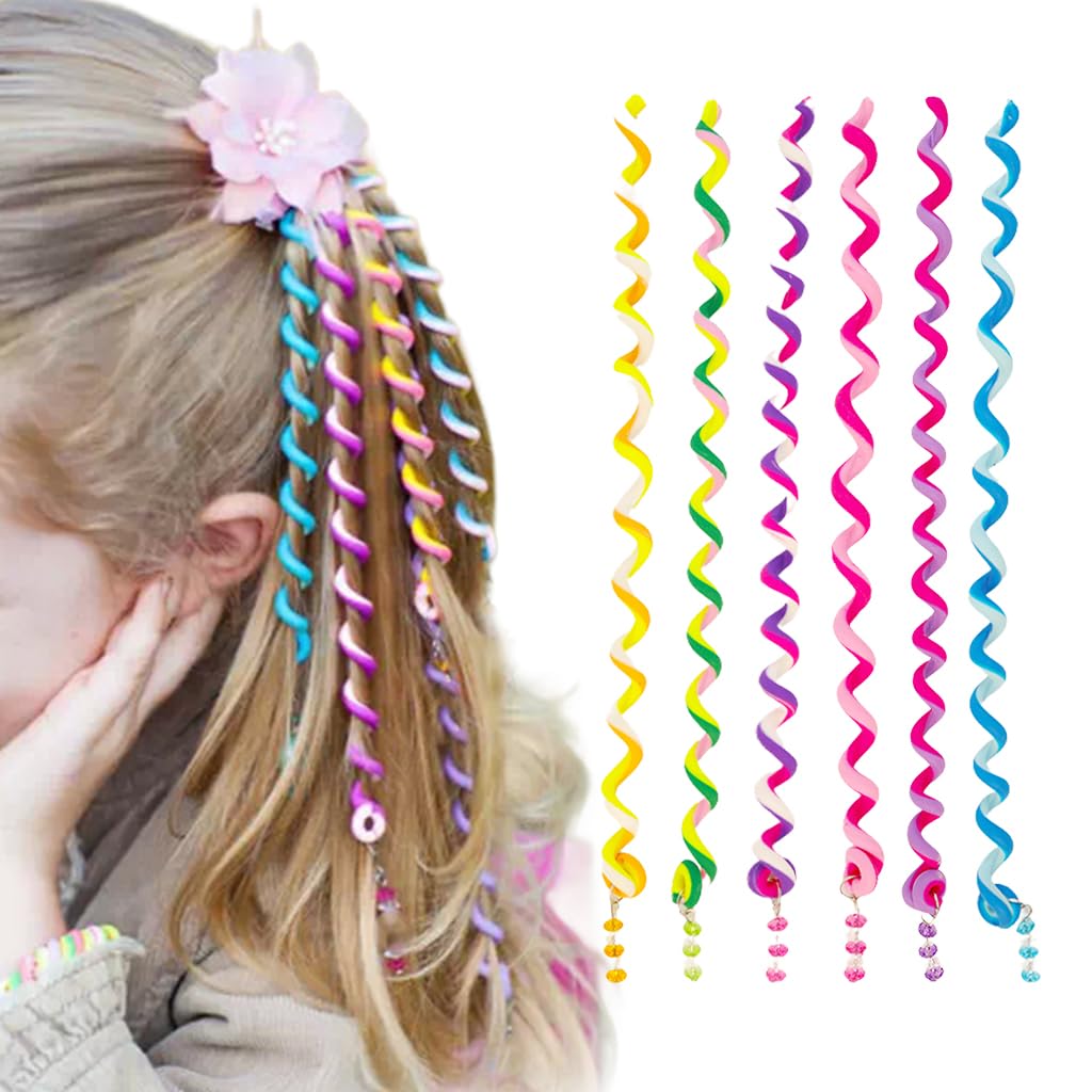 PALAY® 6Pcs Spiral Hair Braids Makers, 10in Braided Hair Band Clip, Elastic Hair Braiding Tool Rope, Beads Charms Easy Hair Braids Twister, Cute Styling Hair Accessories for Girls Kids Party Festival