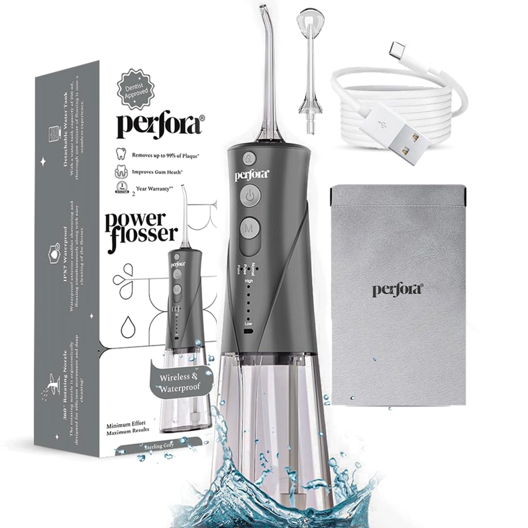 Perfora Power Water Dental Flosser - 300ml Tank Capacity with Custom 8 Water Pressure Settings & 2 Nozzles, 1500mAh Battery | 2 Year Warranty | Dental Flosser For Teeth Oral Care, IPX7 Waterproof, Rechargeable (Grey)