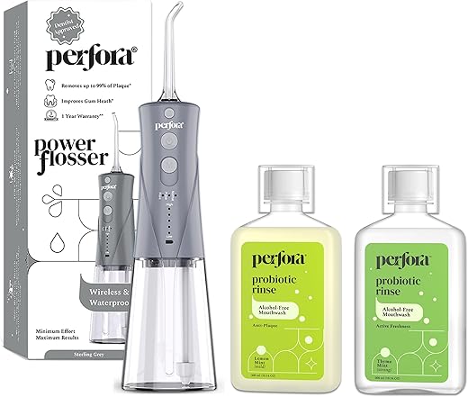Perfora Power Water Dental Flosser | 1 Year Warranty | Dental Flosser For Teeth Oral Care, 3 Modes, Alcohol-free Anti-Plaque Mouthwash- Water Flosser & Mouthwash Combo | Thyme & Lemon Mint, Grey